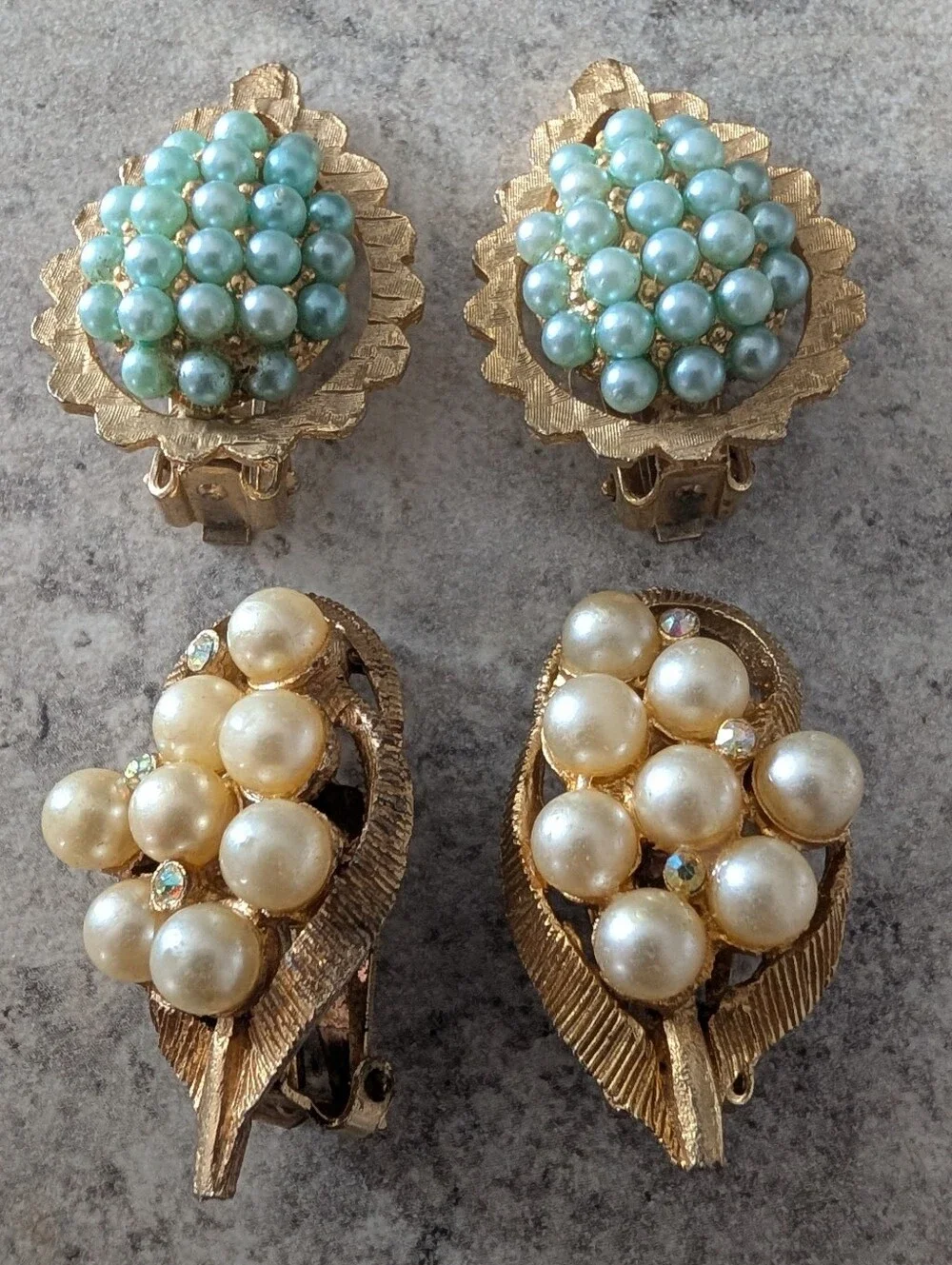 Vintage Gold Tone Faux Pearl Clip On Earring Set